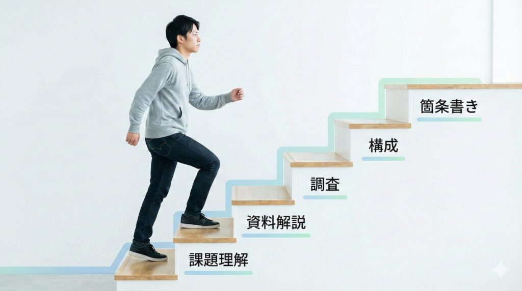 ChatGPTを安全に活用するための5ステップをイメージした階段を登る大学生