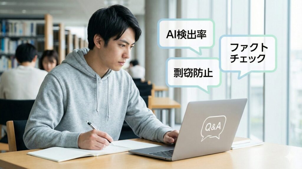 ChatGPTのコピペ利用に関するよくある質問をパソコンで見る大学生