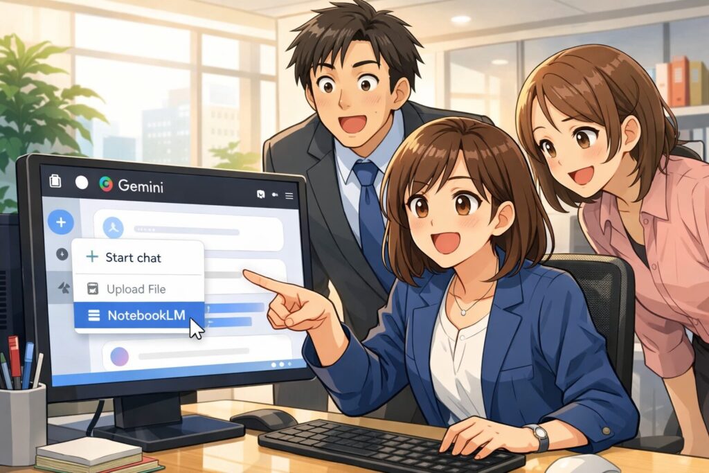 明るいオフィスで、女性OLがPC画面のGemini上でNotebookLMを選択し、上司や同僚と驚き喜んでいる日本のアニメ風イラスト。