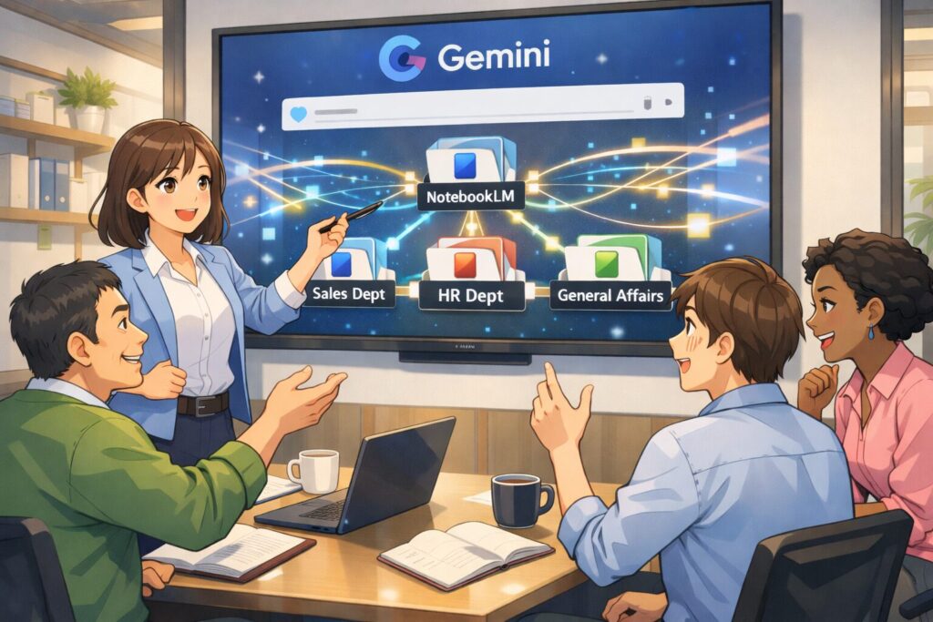会議室の大型モニターに映るGeminiと複数のNotebookLMが連携した図を、女性OLがチームメンバーに自信を持って解説しているアニメ風シーン。