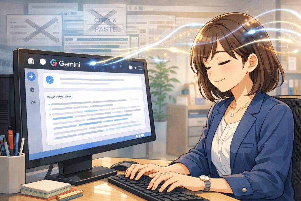 ピー&ペーストの煩わしさから解放され、Geminiとスムーズに対話しながら高い集中状態で仕事に打ち込む女性OLのアニメ風イラスト。