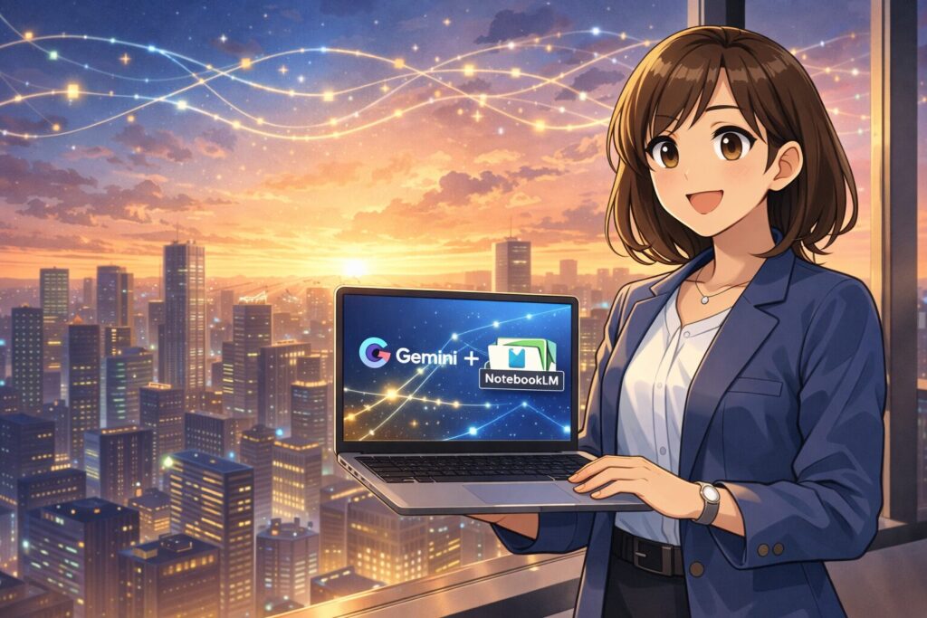 夕暮れの近未来的な街並みを背景に、GeminiとNotebookLMが連携したノートPCを手に持ち、自信に満ちた笑顔を見せる女性OLのアニメ風イラスト。