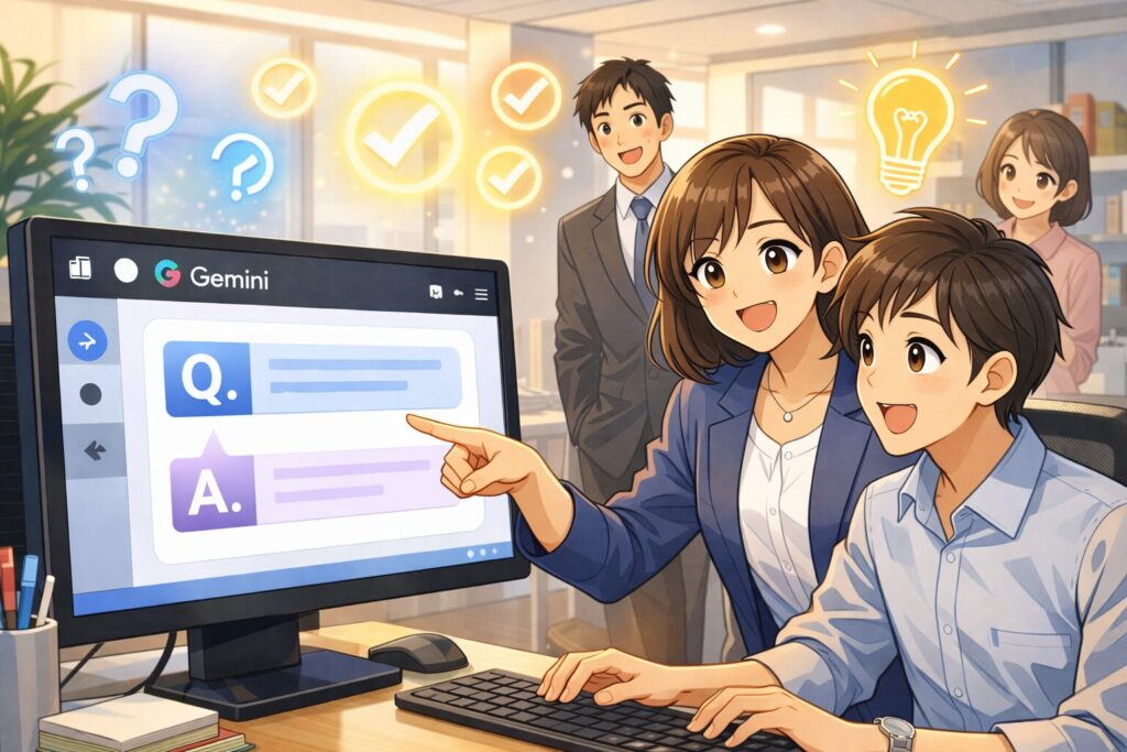 GeminiのQ&A画面を指さして解説する女性OLと、疑問が解決してひらめいた表情を見せる後輩社員たちの明るいアニメ風イラスト。