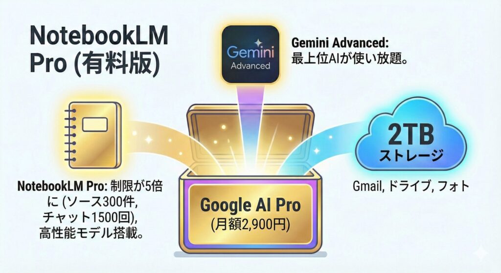 Google ai proはGeminiAdvancedと2Tbのストレージがつく、という説明の図
