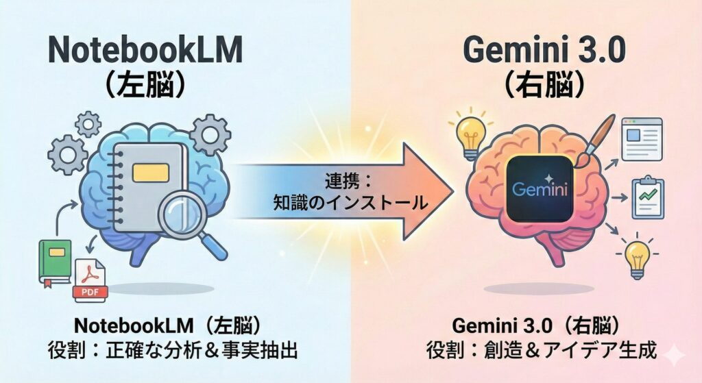NotebookLMとGeminiが中央で連携してスパークしている図