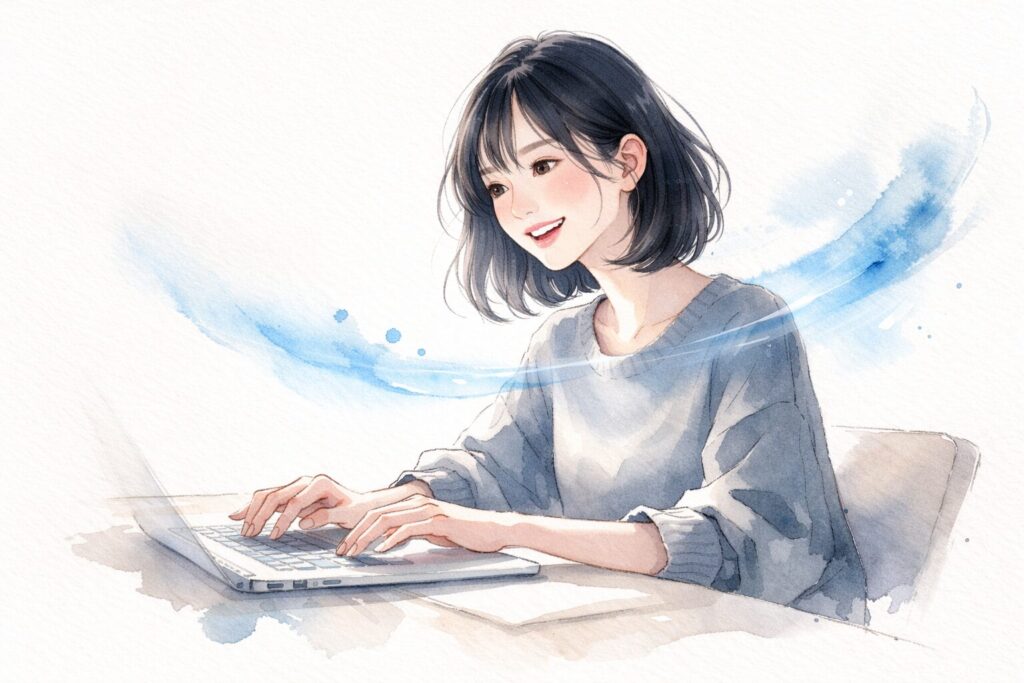 楽しげにパソコンを見ている女性