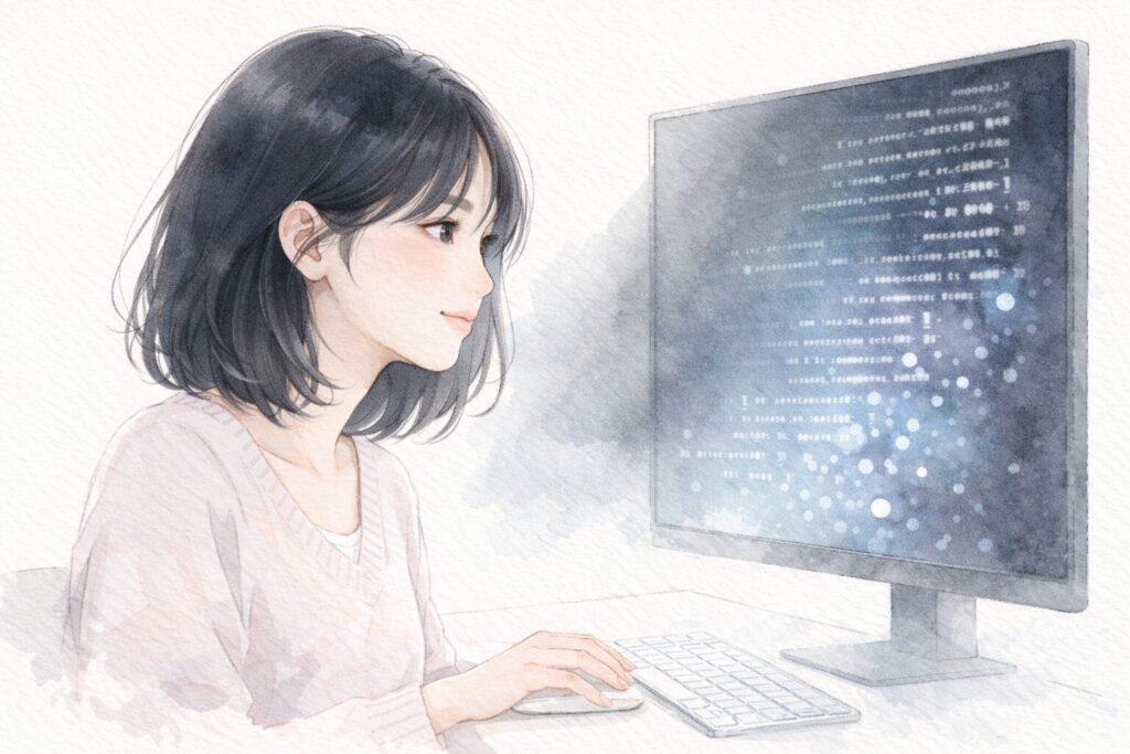 ディスプレーを見つめる女性