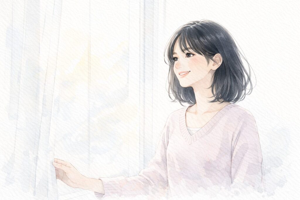 女性が窓辺で微笑んでいる