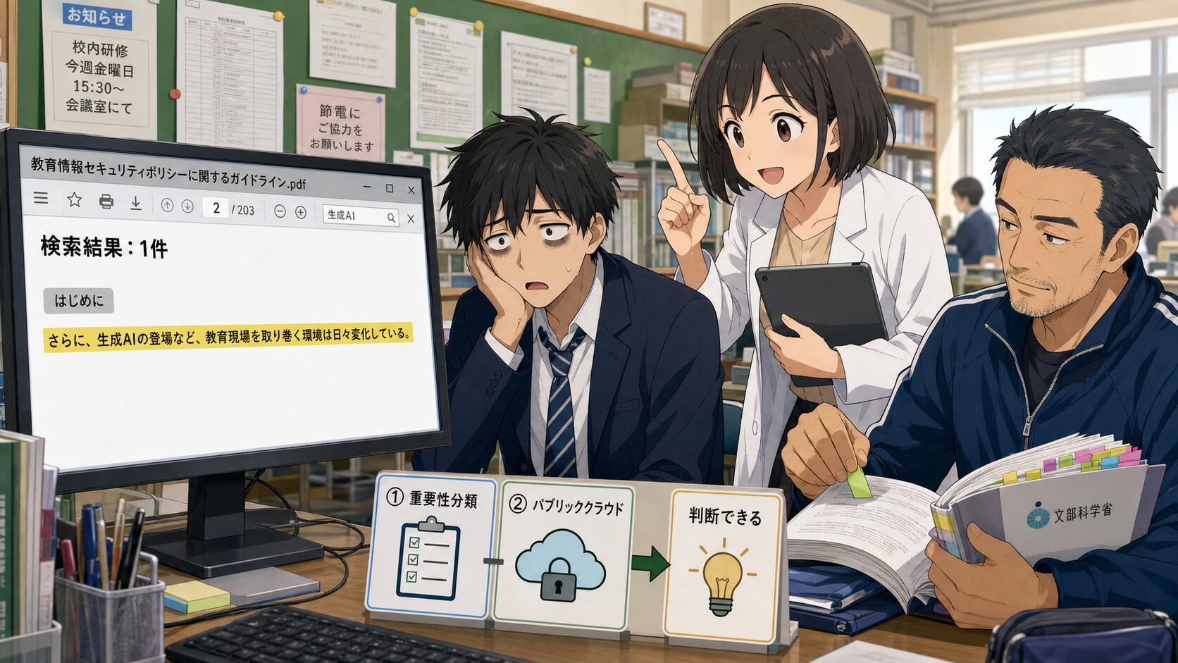 文部科学省の教育情報セキュリティポリシーに関するガイドラインの中で、生成AIへの生徒情報の入力がどの条文で判断されるかを示すイラスト図解