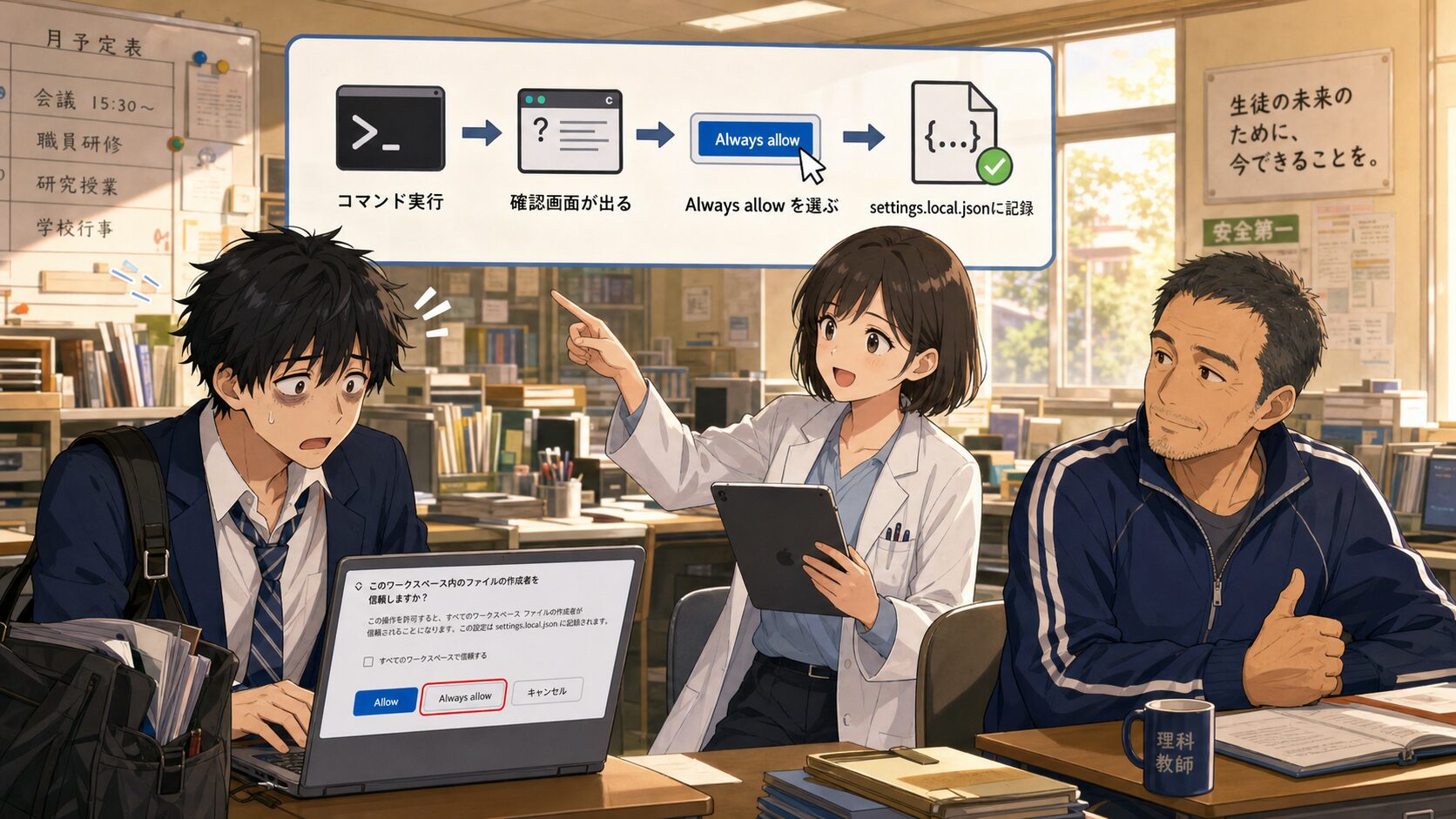 Claude Codeのコマンド実行から確認画面、Always allow選択、settings.local.jsonへの記録までの流れを示すイラスト図解