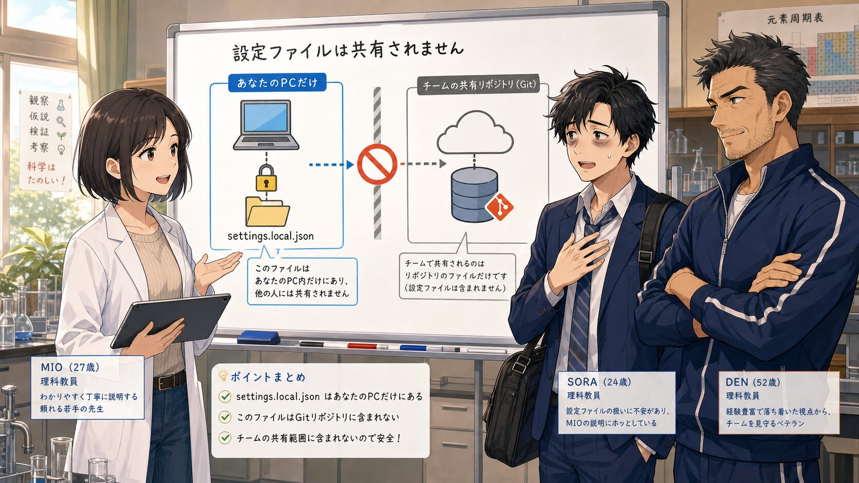 settings.local.jsonが自分のPCだけで有効で、Gitの共有リポジトリには公開されないことを示すイラスト図解