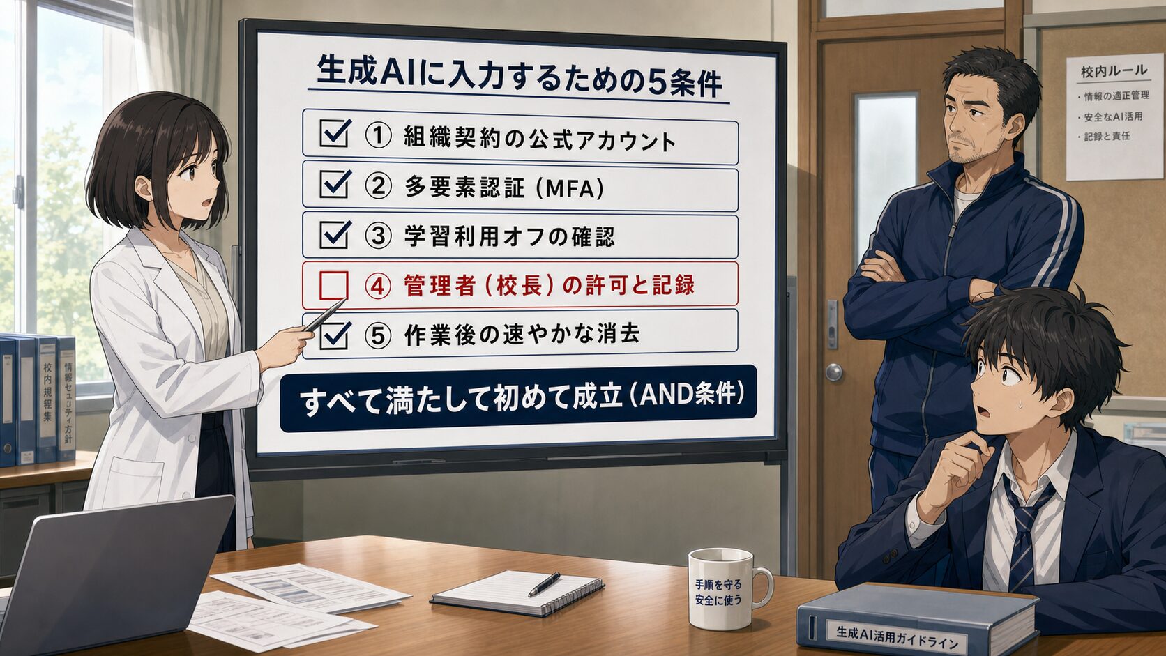 公式アカウント・多要素認証・学習利用オフ・管理者の許可と記録・作業後の消去という5つの条件がすべて揃って初めて成立することを示すイラスト図解