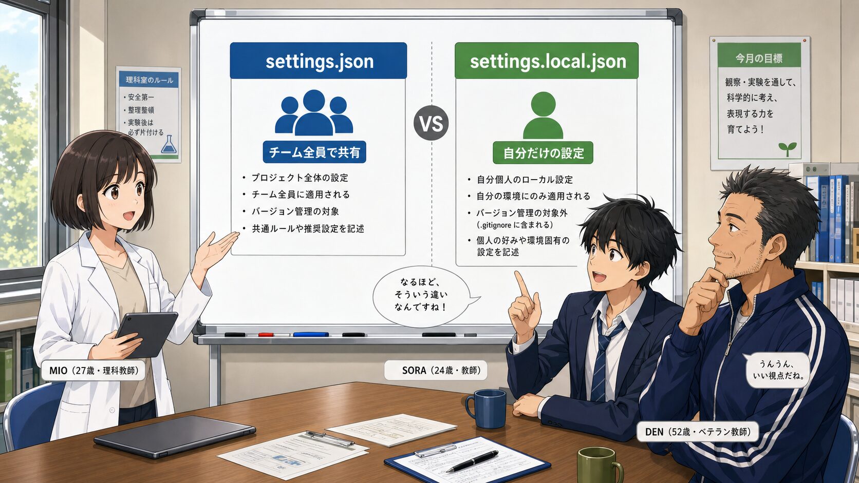 settings.jsonとsettings.local.jsonの違いをチーム共有と個人設定で比較したイラスト図解