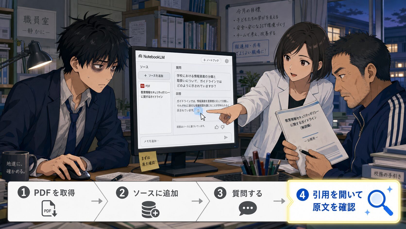 NotebookLMに文科省ガイドラインのPDFをソースとして読み込ませ、判断に迷う質問を投げて原文とページ番号で裏づけを取る検証手順のイラスト図解