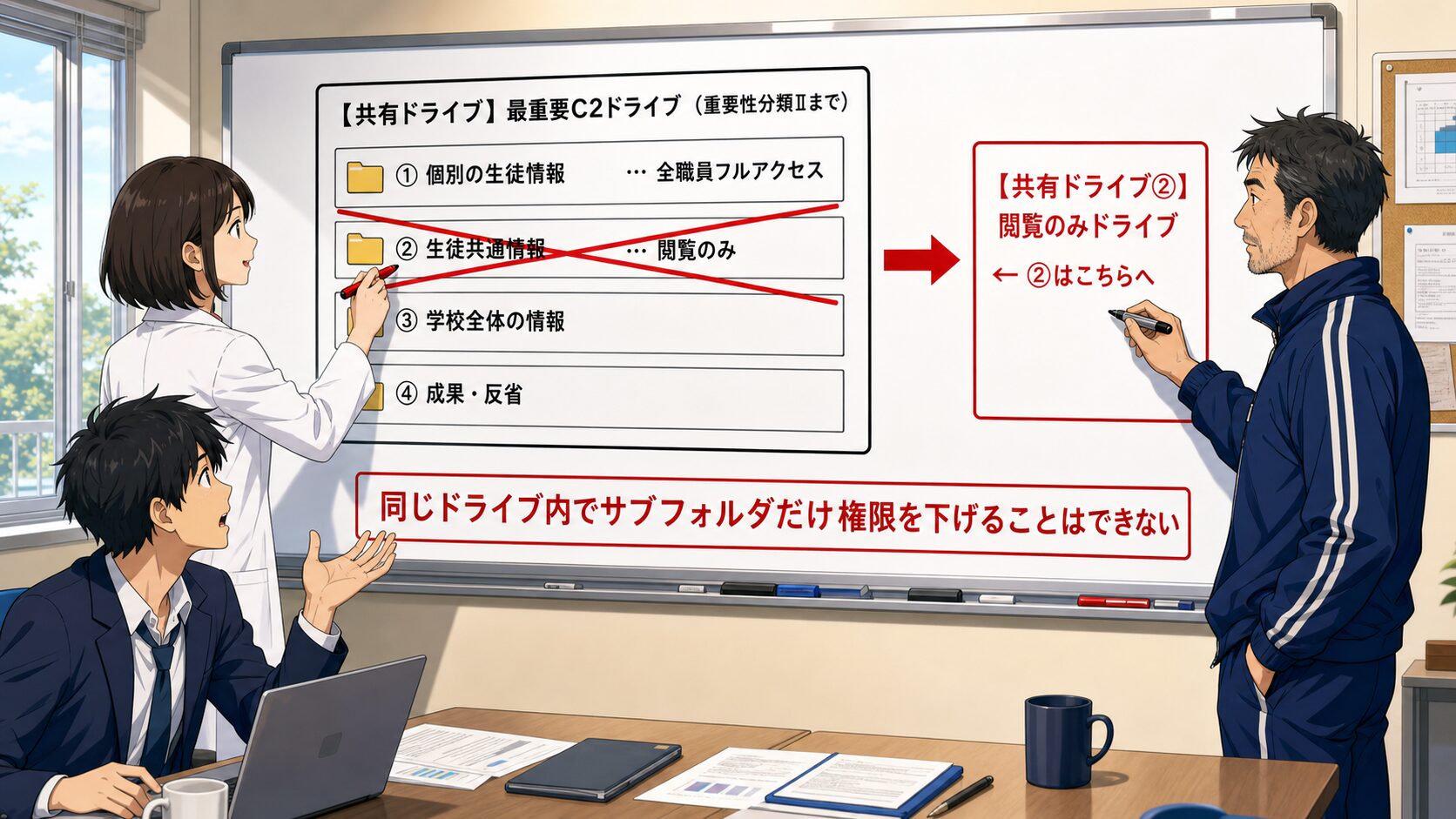 共有ドライブの中に個別の生徒情報・生徒共通情報・学校全体の情報・成果反省の4フォルダを置き、生徒フォルダからNotebookLMへソースを追加する構成のイラスト図解