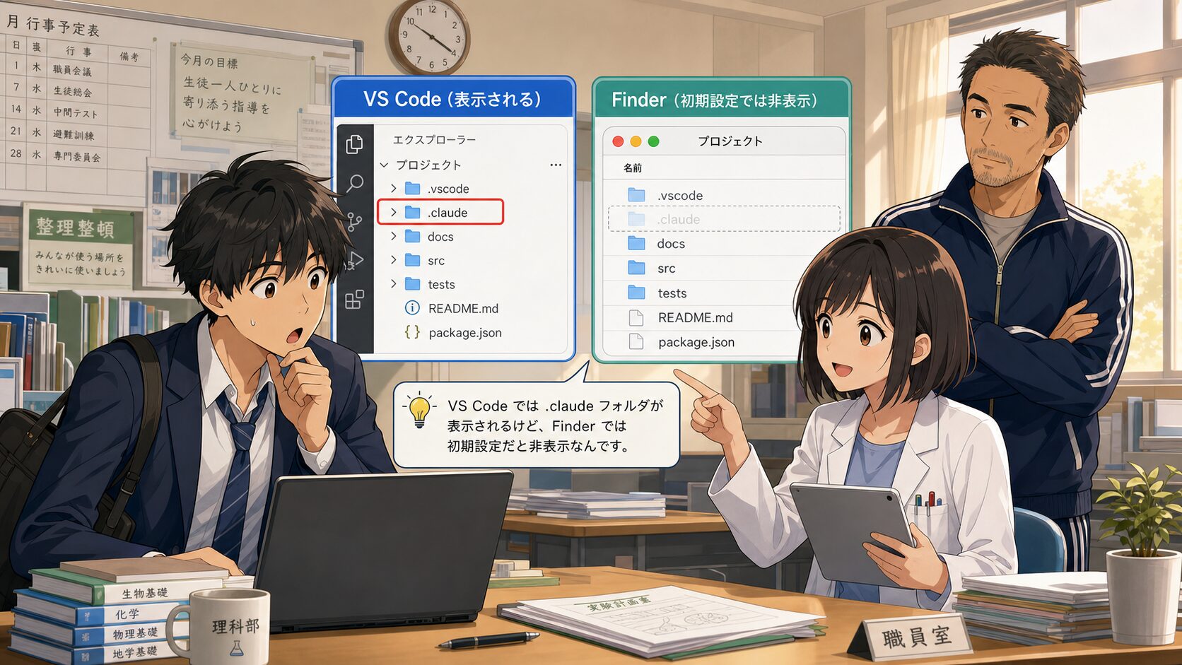 .claudeフォルダがVS Codeでは表示されFinderでは表示されない違いを示すイラスト図解