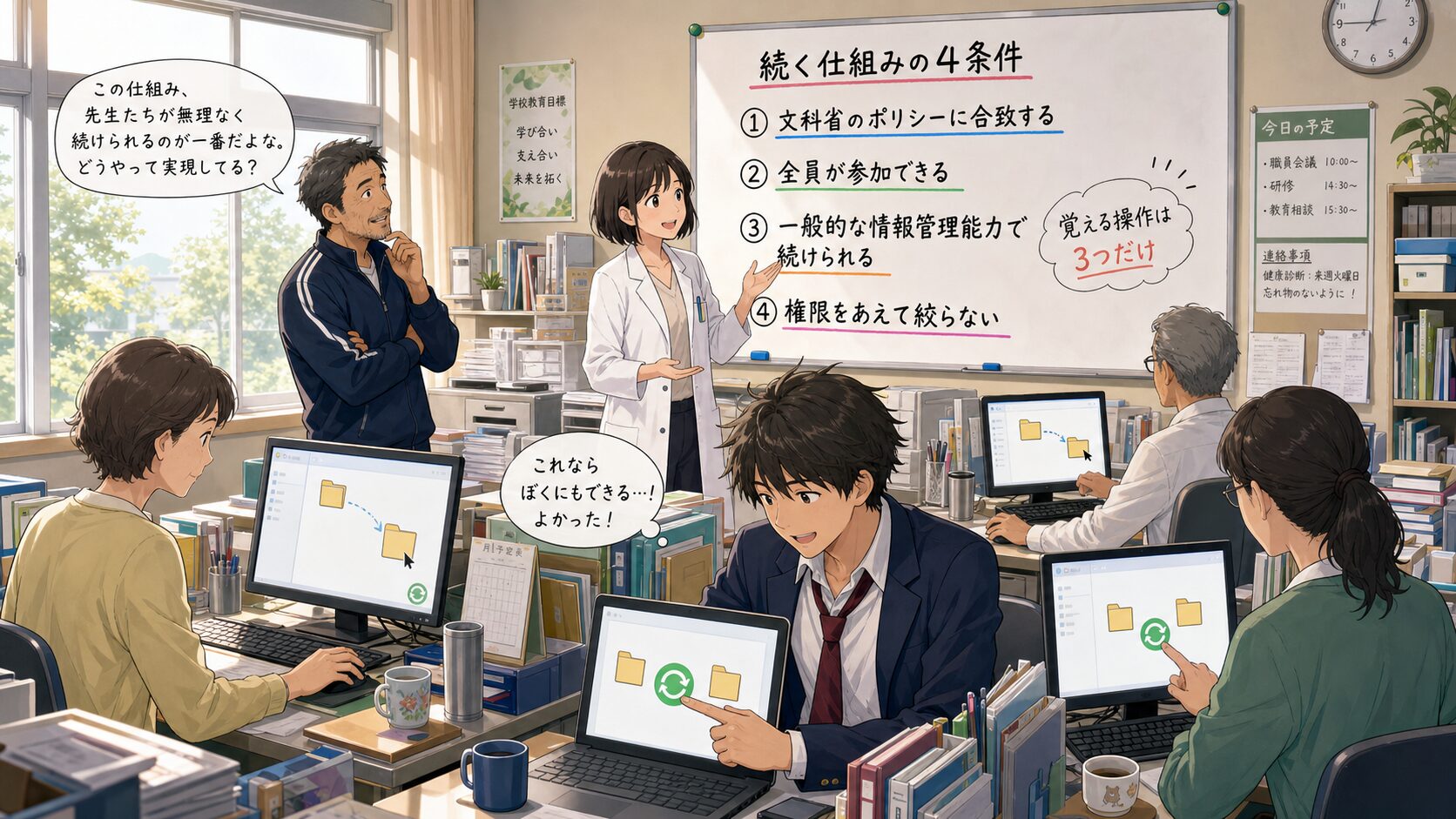 セキュリティポリシー合致・全教員が参加できる・一般的な情報管理能力で継続できる・アクセス権限をあえて絞らないという4つの設計条件を示すイラスト図解