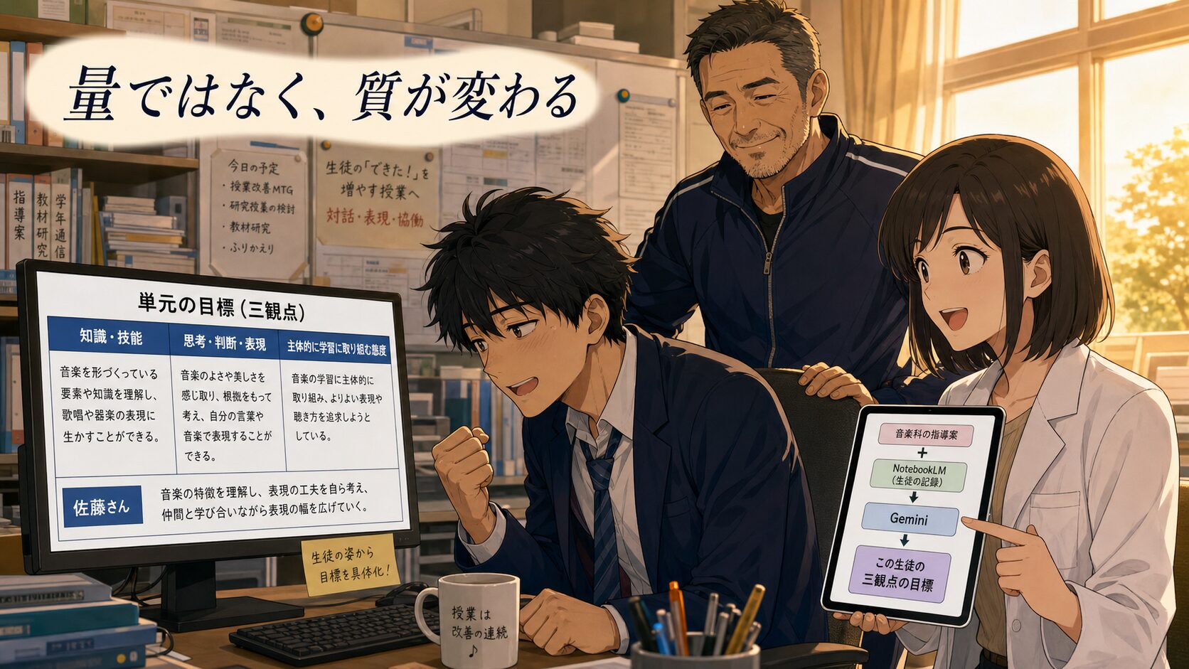 NotebookLMに集約した生徒情報とGeminiに読み込ませた指導案を掛け合わせ、三観点の目標や教育相談資料の下書きを生成する流れのイラスト図解