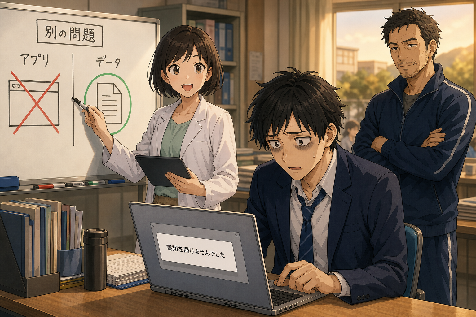 住所録ファイルが開けないエラー画面を前にしたソラくんに、ミオさんがアプリとデータは別だと図解で説明している様子