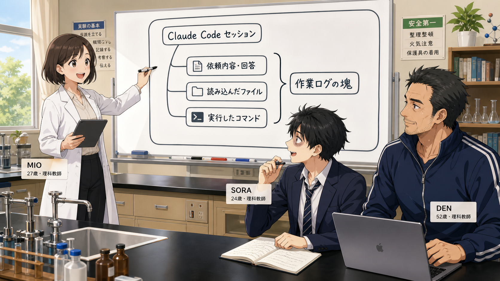 ミオさんが理科室のホワイトボードでClaude Codeのセッションの仕組みを図解している様子
