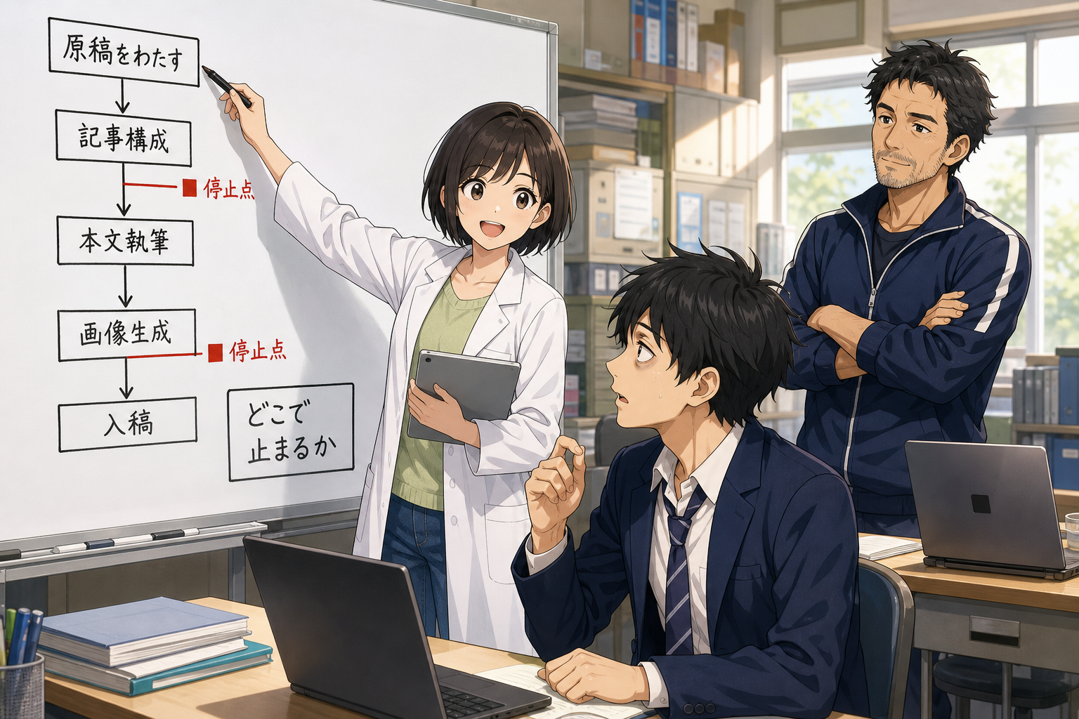 自動化の工程のどこに停止点を置くかをミオさんがホワイトボードのフロー図で説明している様子