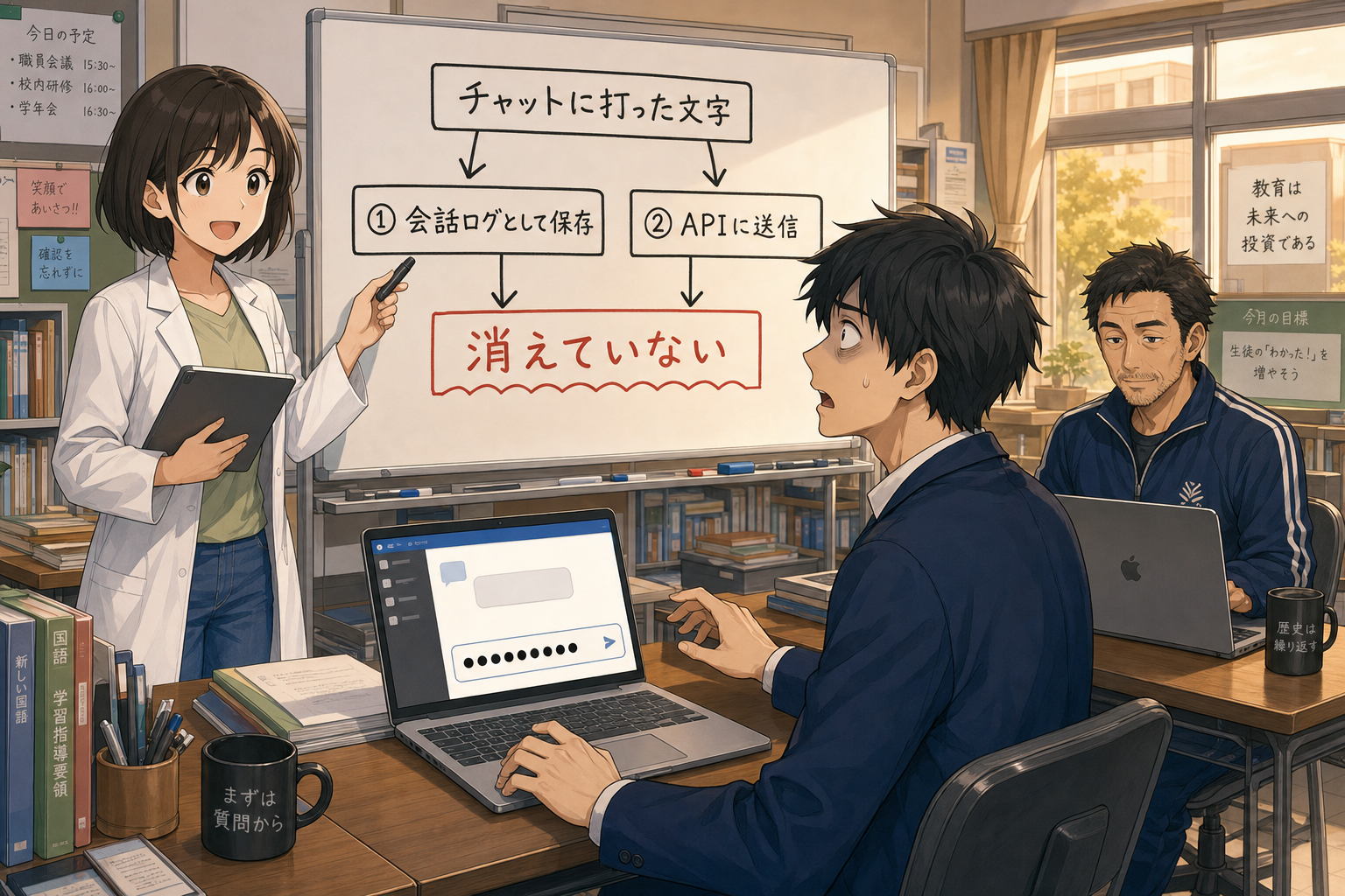 チャットに打ち込んだパスワードが会話ログとAPI送信の2つの経路に残ることをミオさんが図解している様子