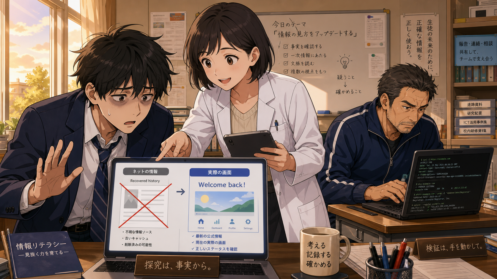 「Recovered history」表示の検証結果をノートPCで確認する伝さんと驚くソラくん、説明するミオさん
