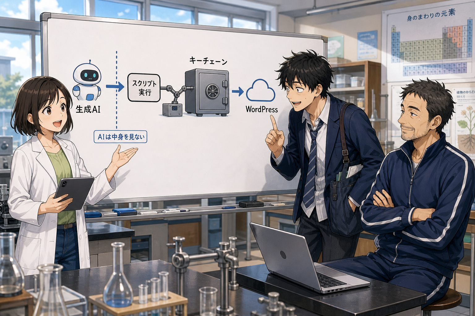 キーチェーンという金庫からスクリプトだけがパスワードを取り出し、AIは中身を見ない仕組みの図解