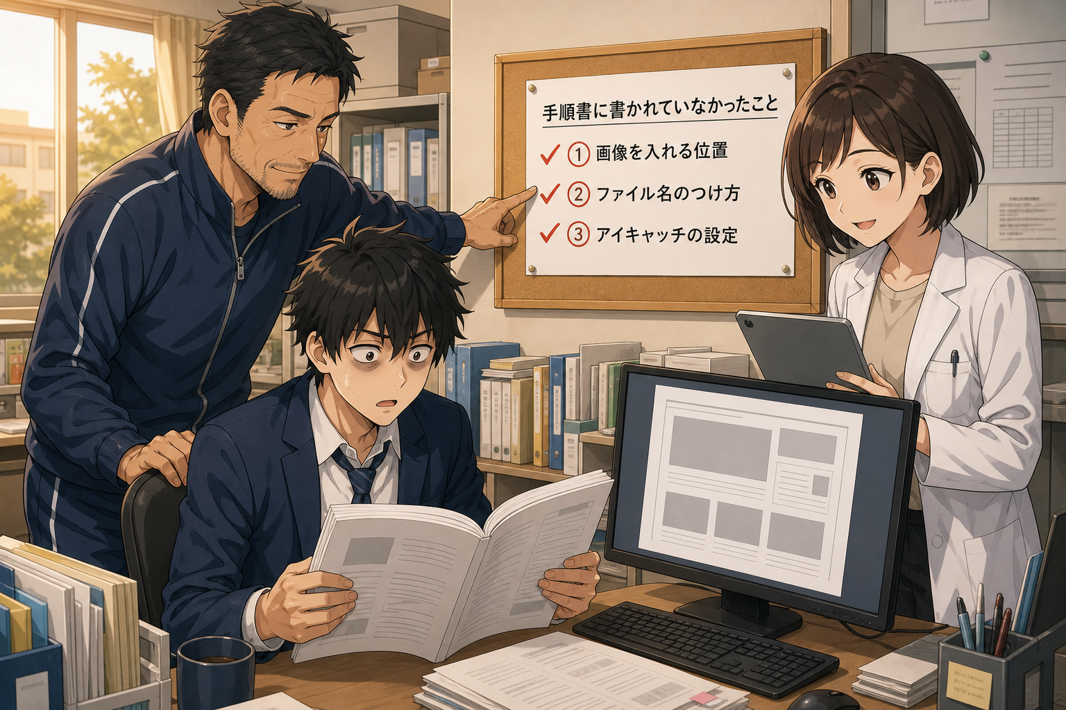 手順書と実際の成果物を突き合わせて書かれていない手順が3つ見つかったことに伝さんとソラくんが気づいている様子