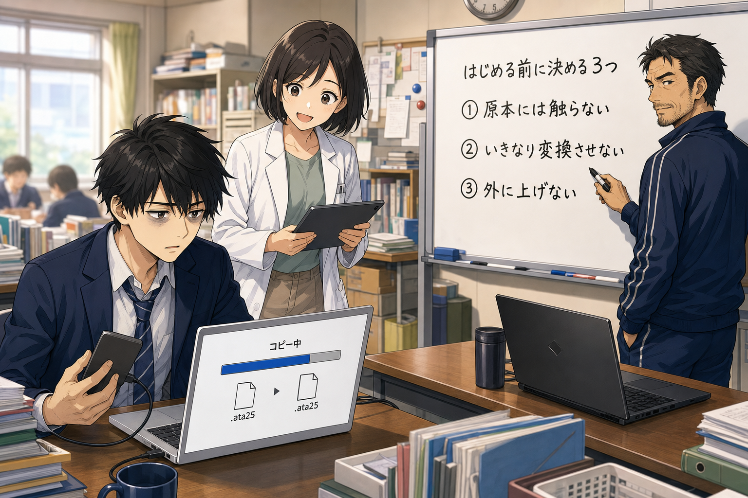 伝さんがホワイトボードに3つのルールを書き出し、ソラくんが原本のコピーを外付けディスクに取っている様子