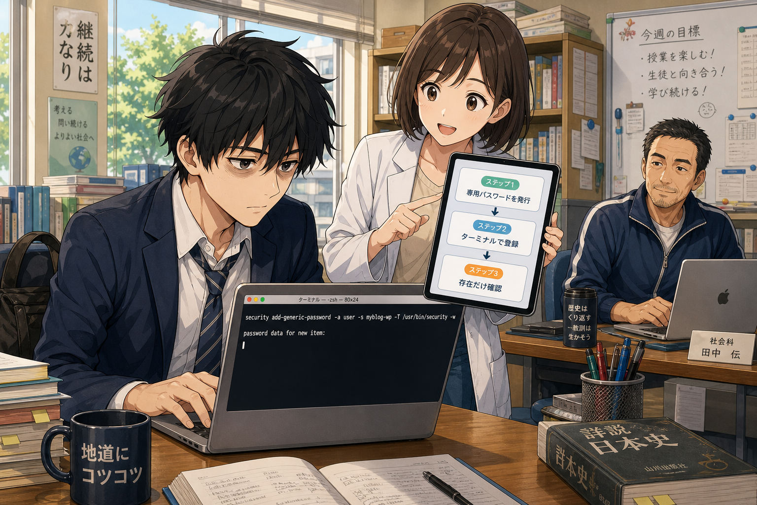 専用パスワード発行からターミナル登録、存在確認までの3ステップをミオさんが手順表で示している様子