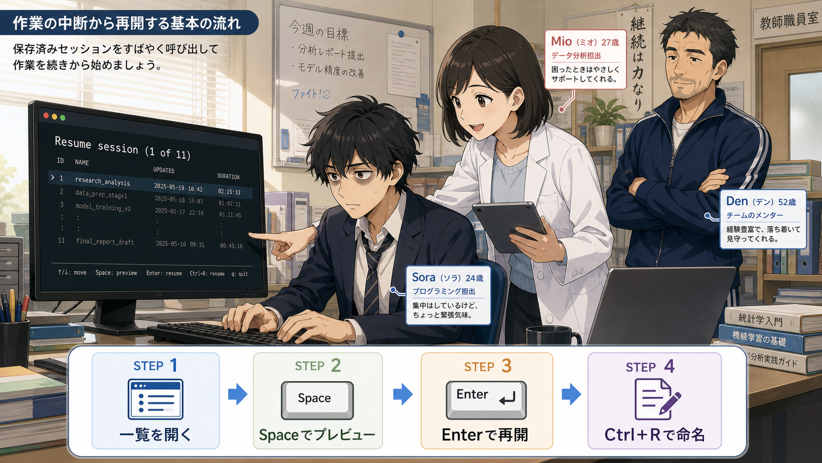 Claude Codeの/resumeコマンドを4ステップで操作するソラくんとミオさん