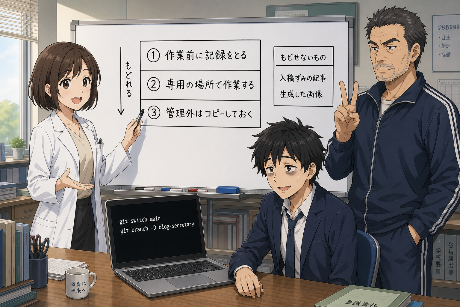 作業を始める前に戻る先を三層で用意する仕組みをミオさんがホワイトボードで図解している様子