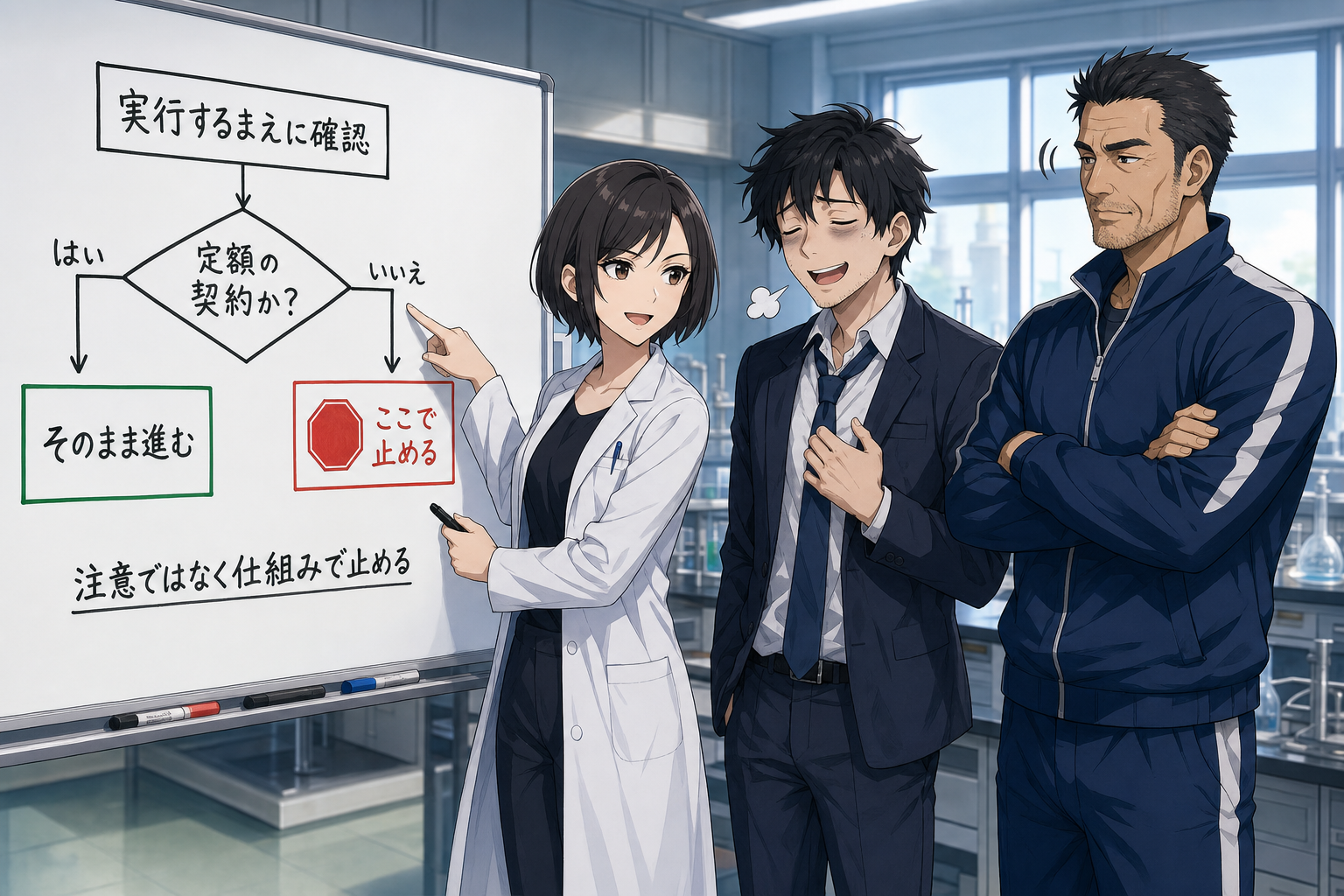 実行前に条件を確認して合わなければ止まる課金ガードの仕組みをミオさんが分岐図で説明している様子