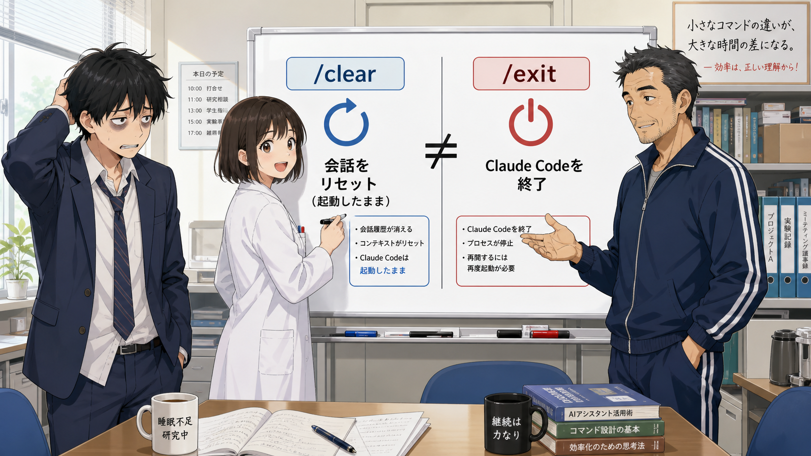 ホワイトボードで/clearと/exitの違いを比較図解するミオさんとソラくん