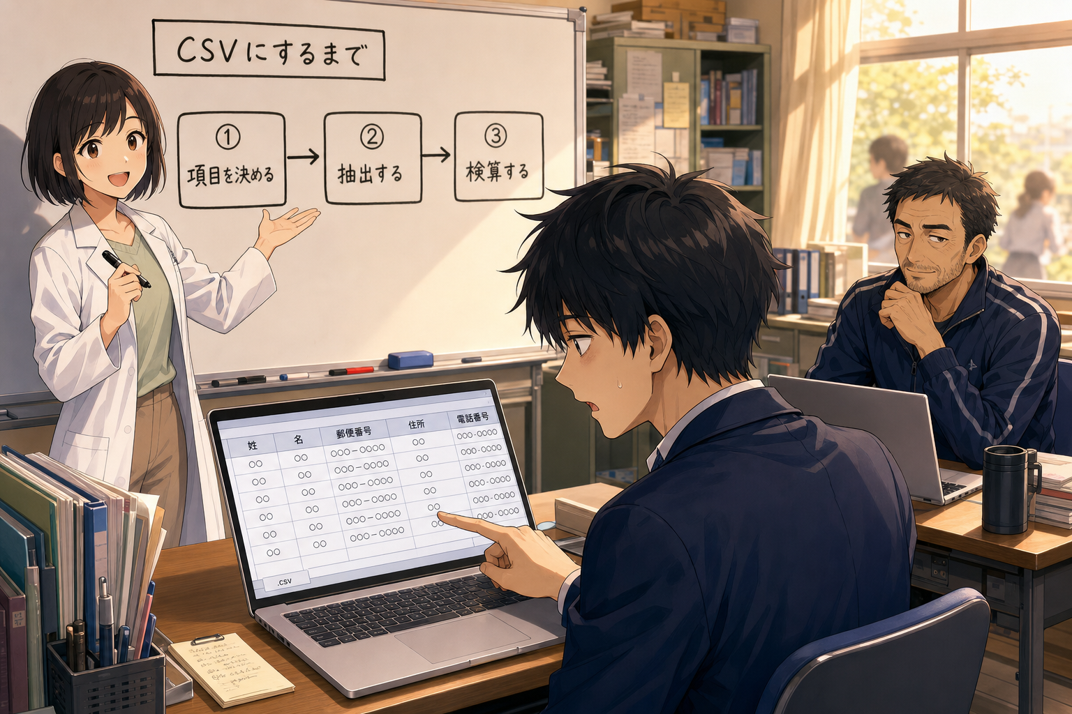 ミオさんがCSV化の3ステップをホワイトボードで示し、ソラくんが表計算ソフトで件数を検算している様子
