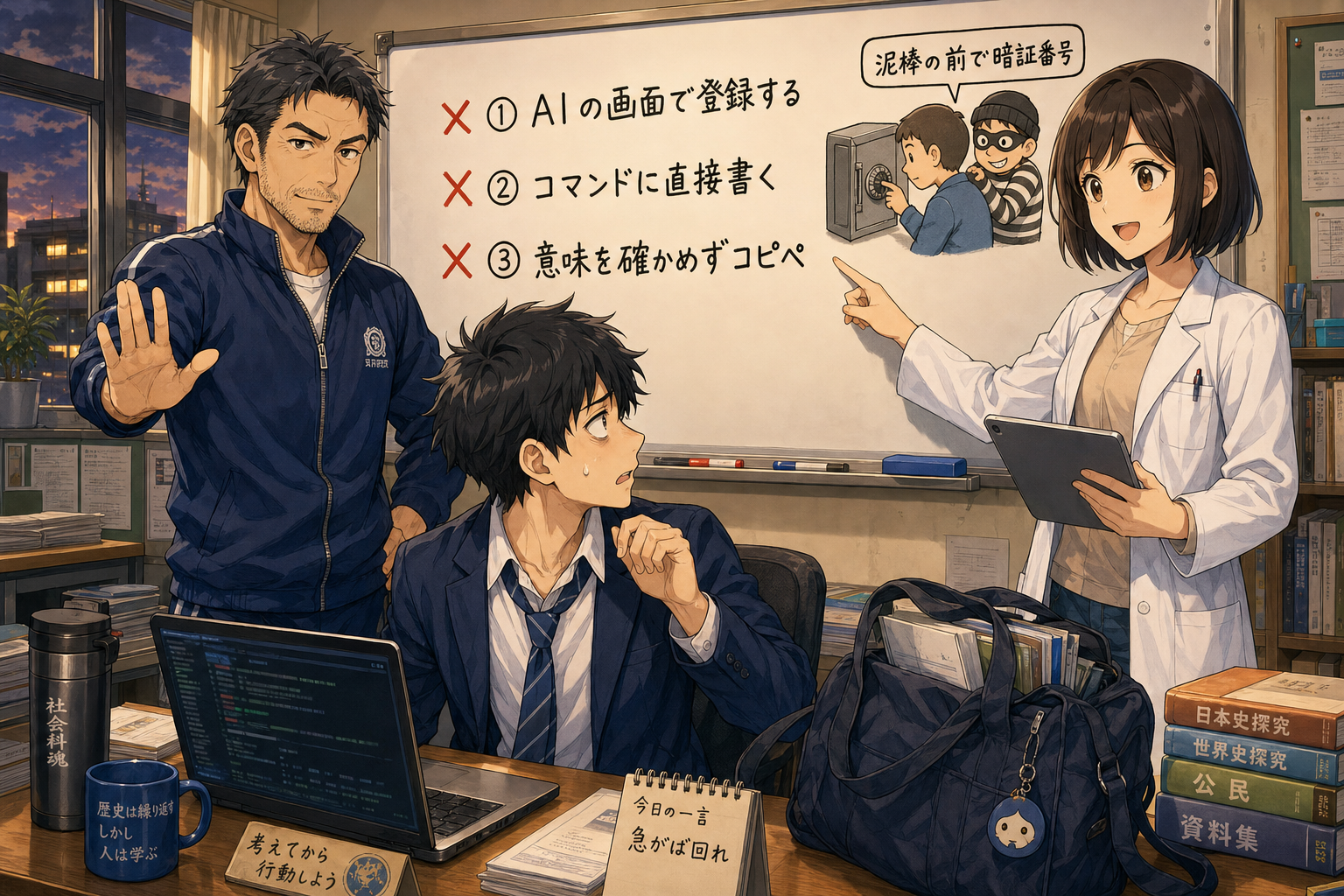 AIの前で登録しない・コマンドに直接書かないなど、やってはいけない3つの禁止事項を示した図