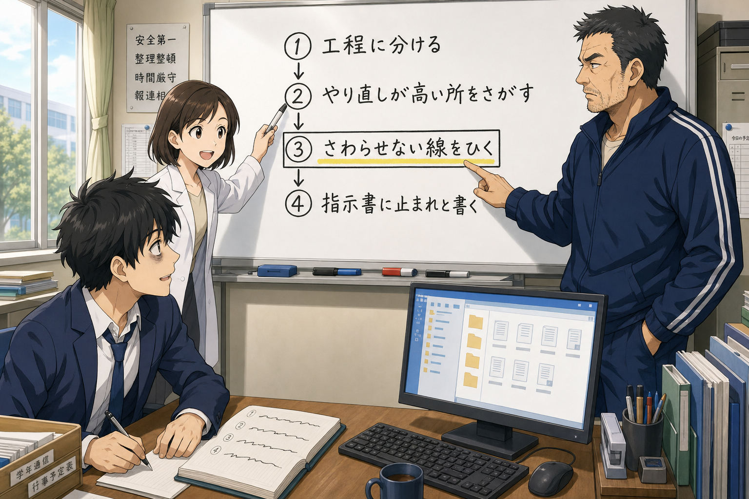 自動化を自分で設計する4ステップをミオさんが番号つきの図で示しソラくんが手元で書き出している様子