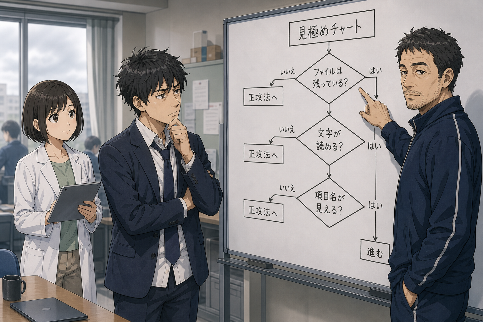 伝さんがホワイトボードのYesとNoの判定チャートを指さして、救出できるかどうかの見極め方を示している様子