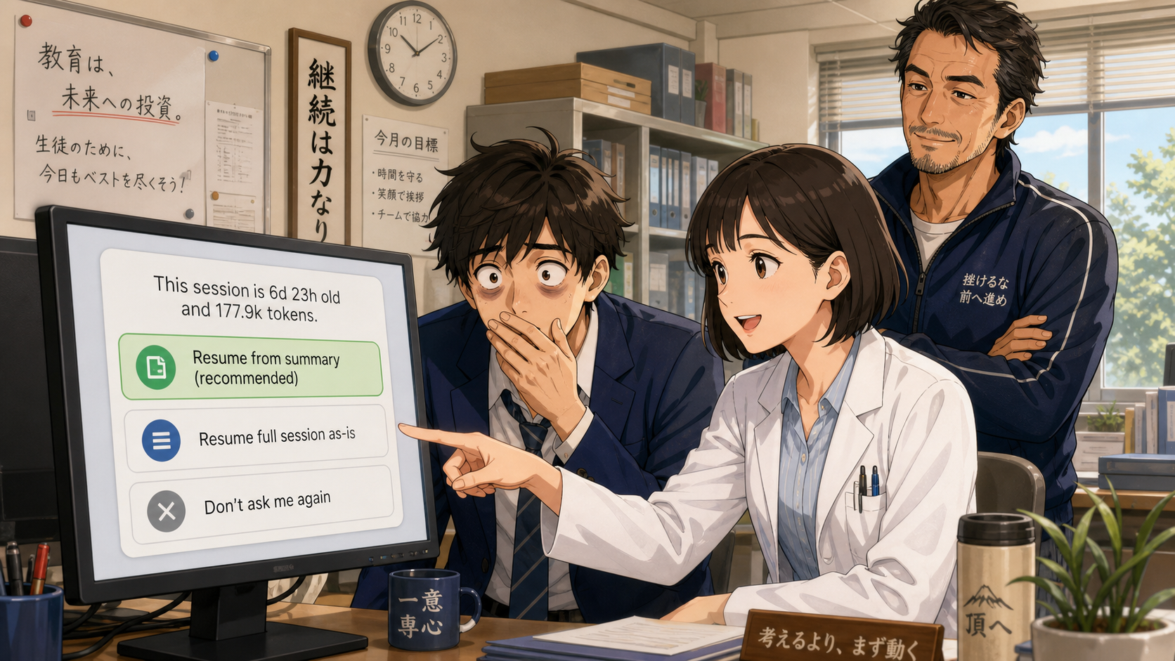 「177.9k tokens」の警告画面に驚くソラくんとミオさんの説明