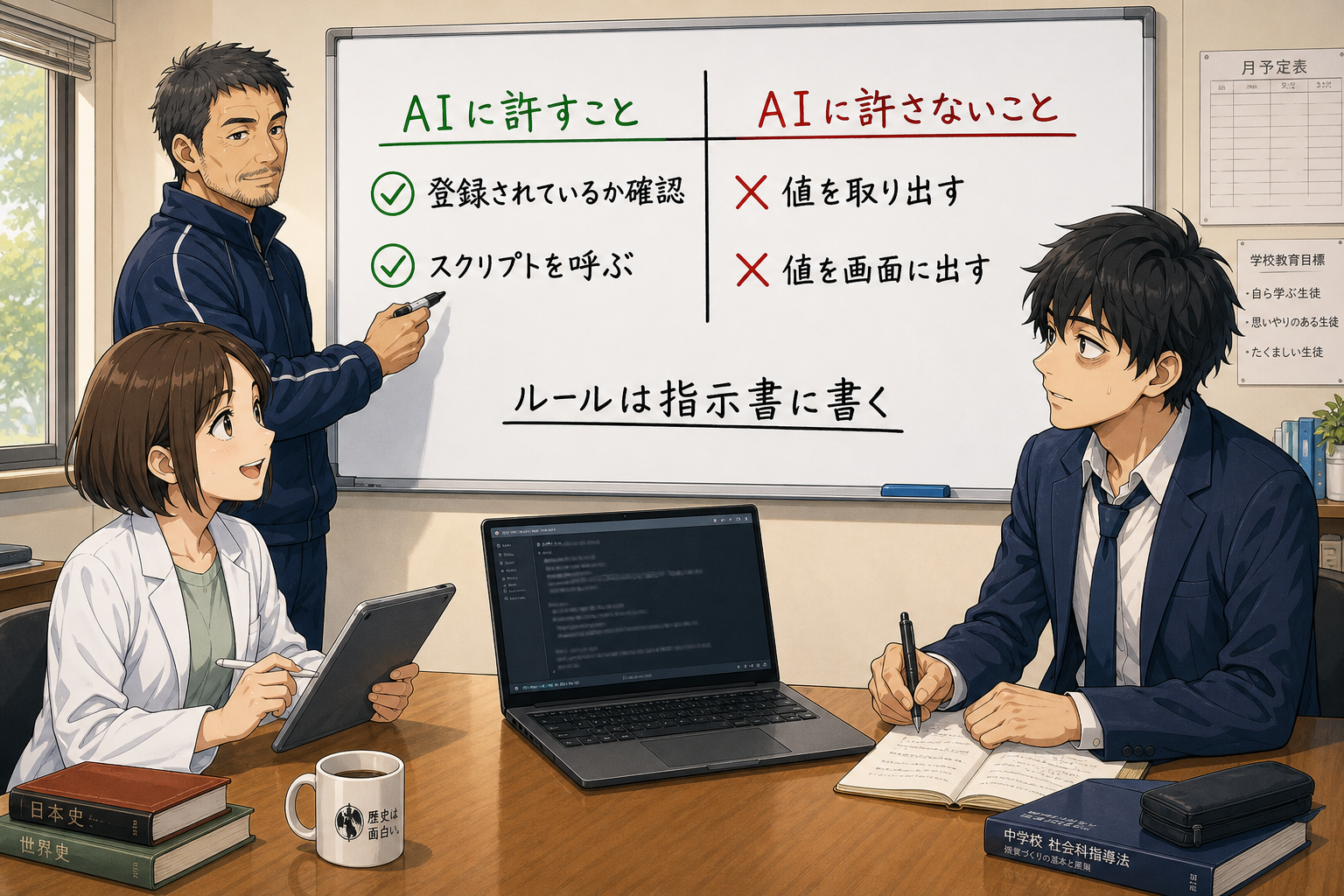 AIに許す操作は存在確認まで、値の取り出しはスクリプト内だけという権限の線引きを示した図