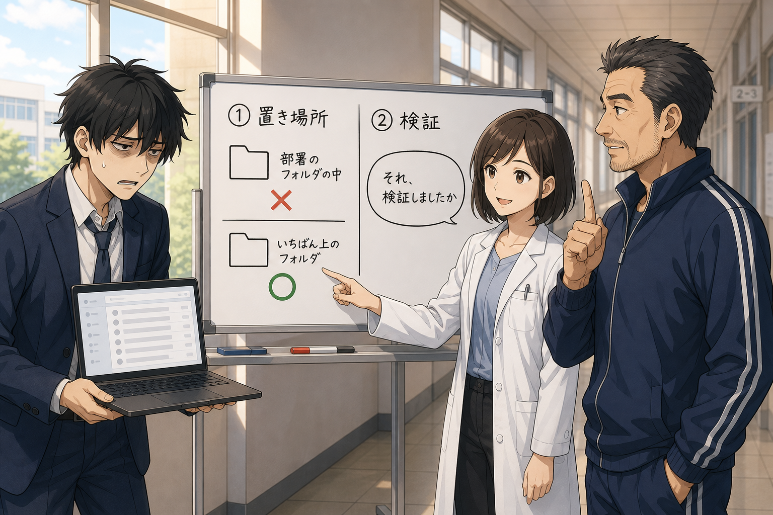 スキルの置き場所と助言の検証という2つの落とし穴を伝さんとミオさんがソラくんに示している様子
