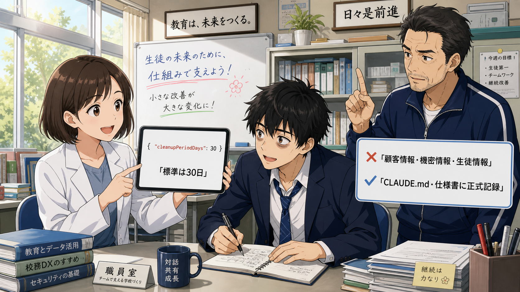 cleanupPeriodDaysの設定をタブレットで説明するミオさんと注意点を伝える伝さん