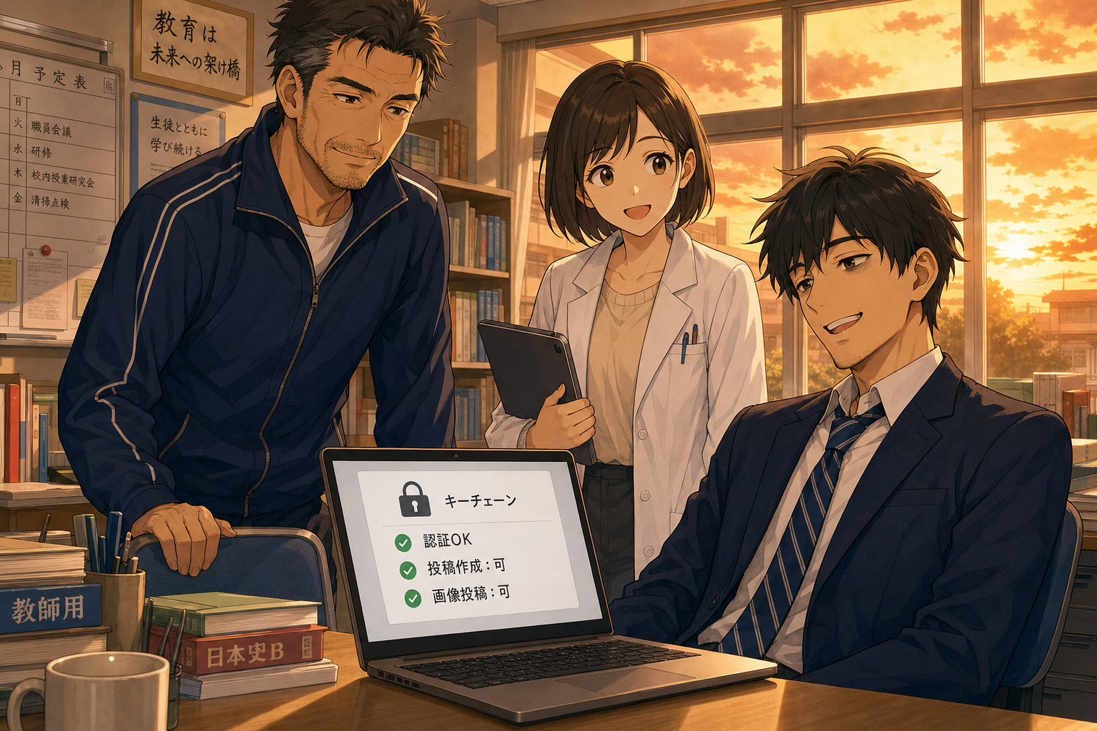 安全な仕組みが整い、3人が安心して生成AIの自動化を進めている夕暮れの職員室