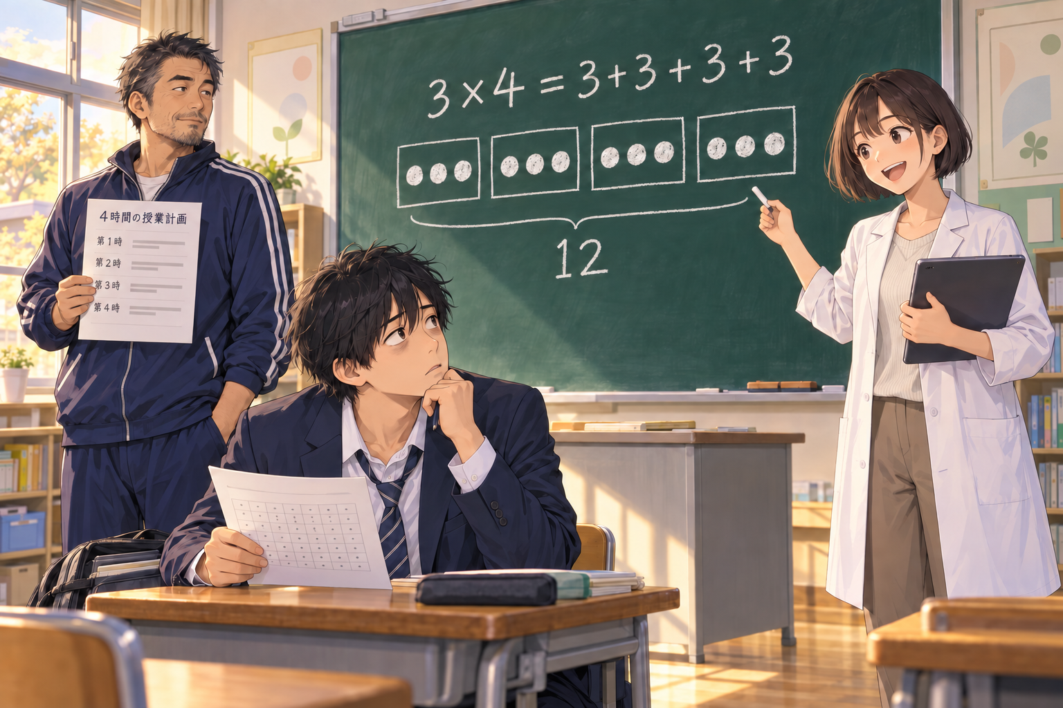 黒板に「3×4＝3+3+3+3」と4つのまとまりの図を描いて説明するミオさんと、九九のプリントを前に考え込むソラくん、4時間の授業計画を手にした伝さん