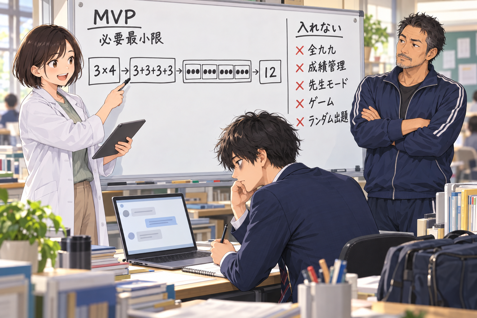 ホワイトボードにMVPの流れ「3×4→3+3+3+3→丸で見る→12」と「入れない機能」のリストを書き出して説明するミオさんと、ノートパソコンでチャットの案を読むソラくん