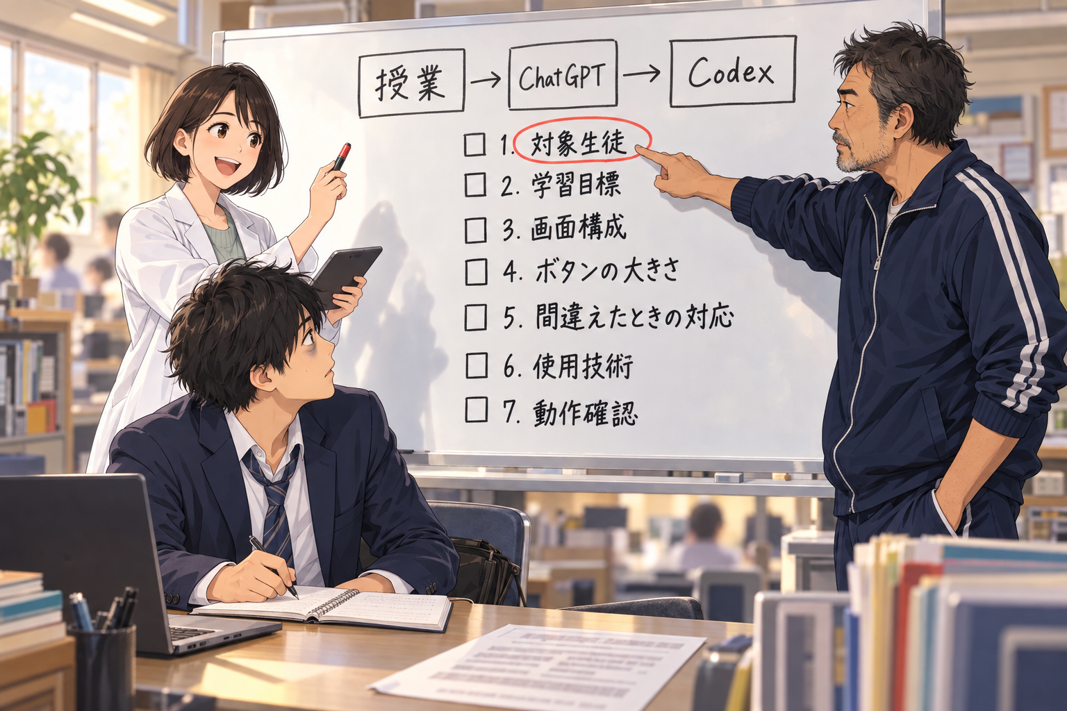 Codexへ渡す指示の7項目と「授業→ChatGPT→Codex」の流れをホワイトボードに書き出して説明するミオさんと、メモを取るソラくん、「対象生徒」の項目を指さす伝さん