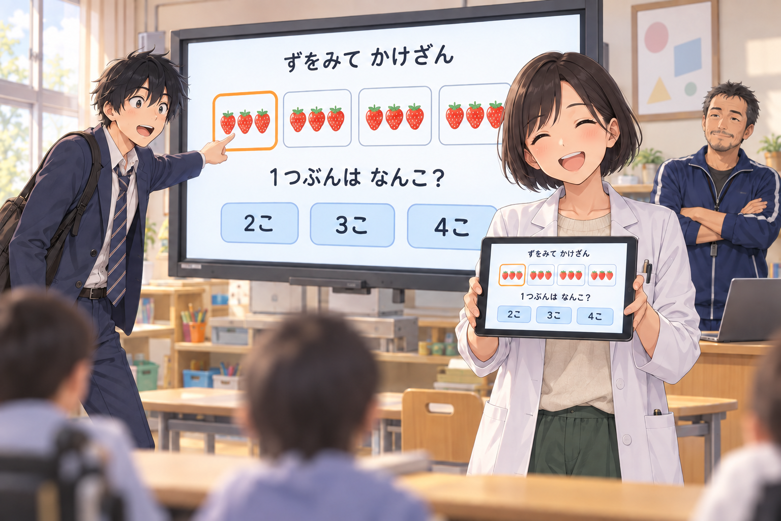 教室の電子黒板に映した「ずをみて かけざん」の画面（いちご3個ずつの皿4枚と「1つぶんは なんこ？」の3択ボタン）を指さすソラくんと、タブレットで同じ画面を見せるミオさん