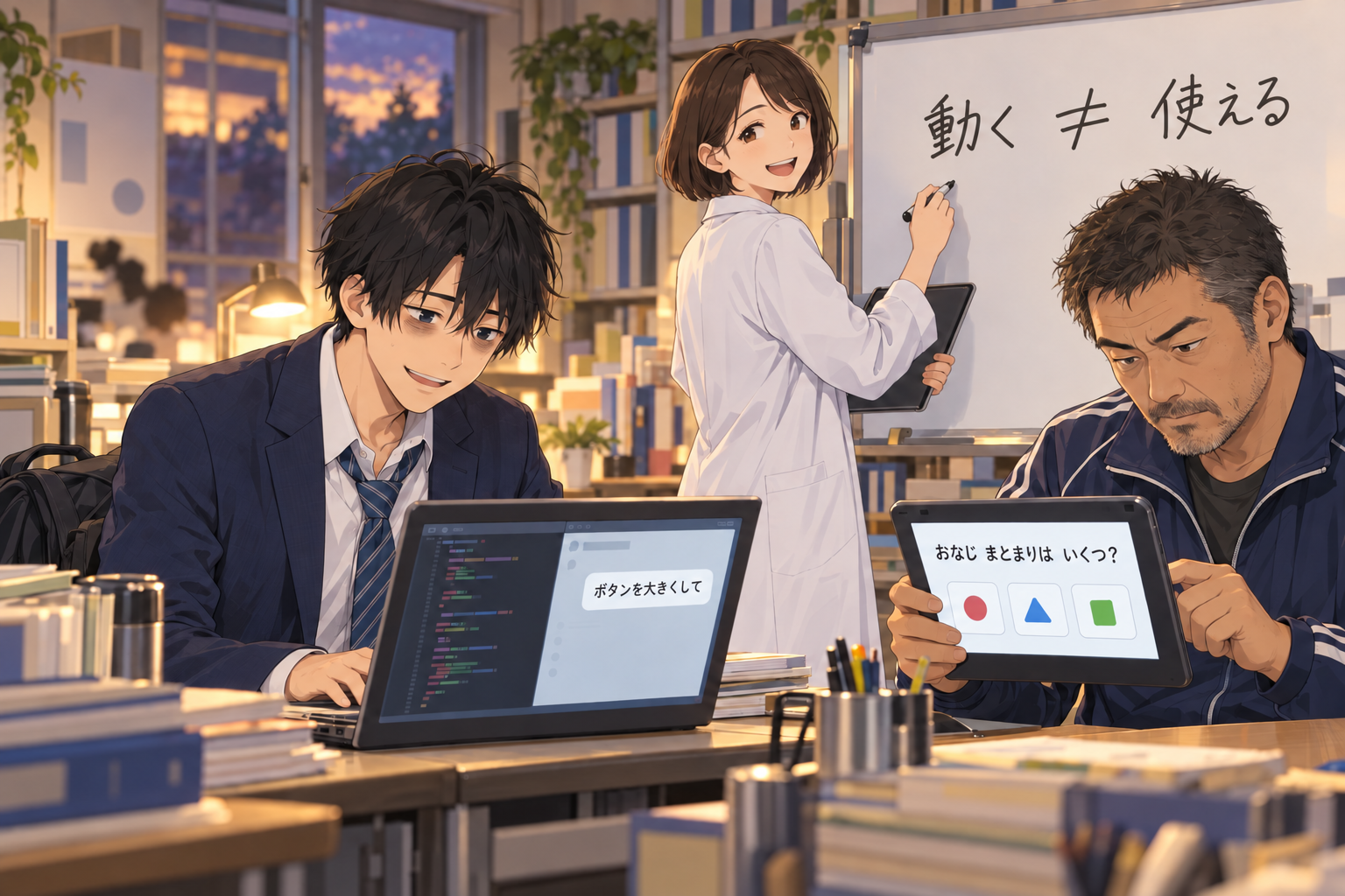ノートパソコンのチャット欄に「ボタンを大きくして」と授業者の言葉で修正を指示するソラくんと、タブレットで実際に触って検品する伝さん、「動く≠使える」をホワイトボードに書くミオさん