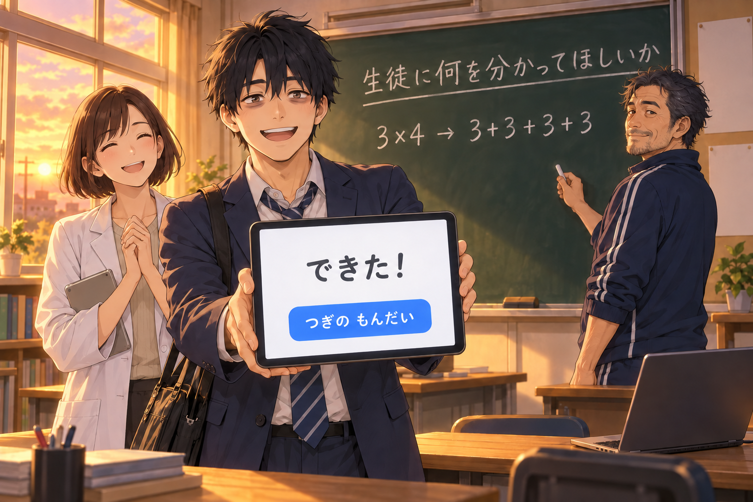 黒板に「生徒に何を分かってほしいか」と大きく書いてまとめる伝さんと、タブレットに映った「できた！」の画面を持って笑うソラくん、見守るミオさん